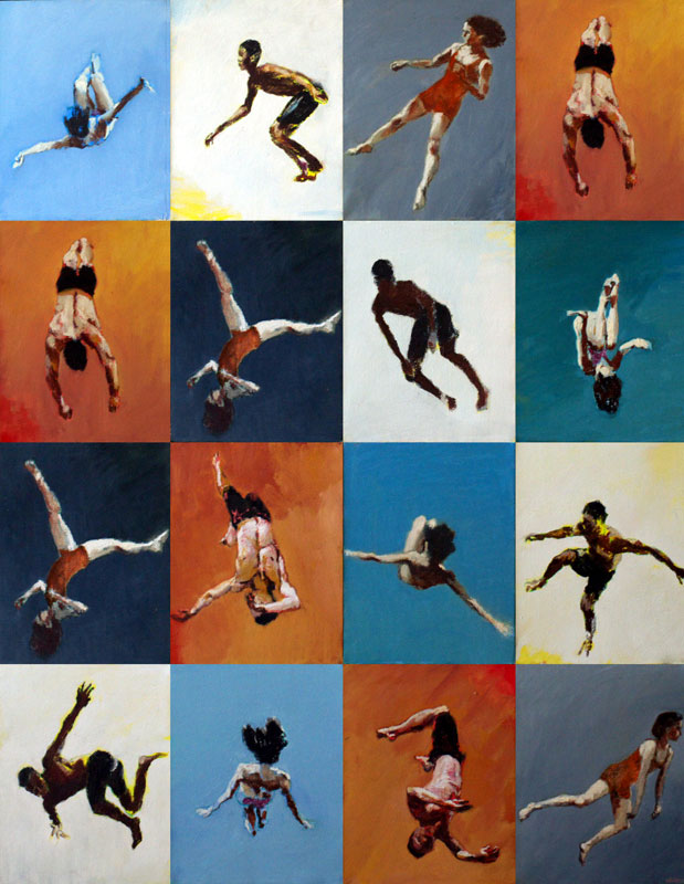 Painting of four different spinning movements made by a surfer, a woamn diver, and two circus artists